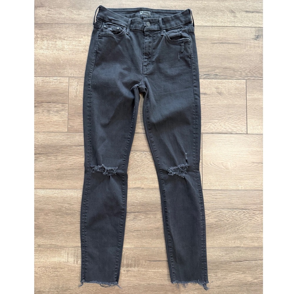 MOTHER Looker Ankle Fray Jeans Black Distressed High Rise Skinny Leg Size 25